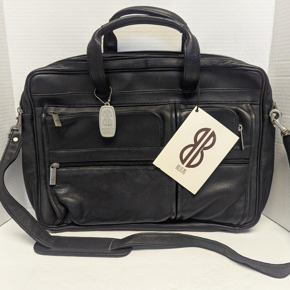 Bill Blass Black Leather Messenger Crossbody Bag Soft Briefcase for Men 16x11x3"